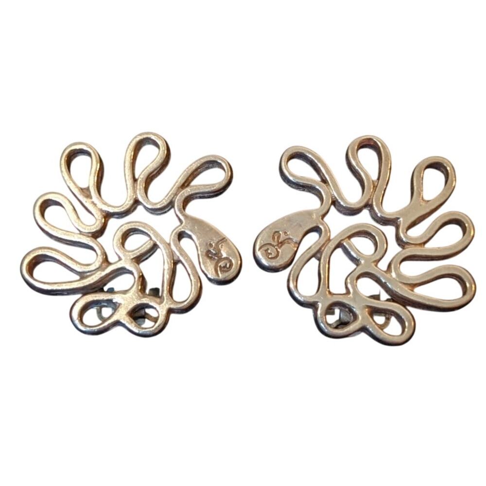Vtg Mexico 925 Sterling Swirly Clip On Earrings Marked Front & Back 12.35g
